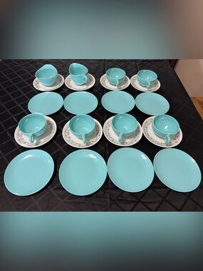 VTG MCM Oneida Deluxe Melamine Turquoise & Rare Atomic Geometric Pattern Set